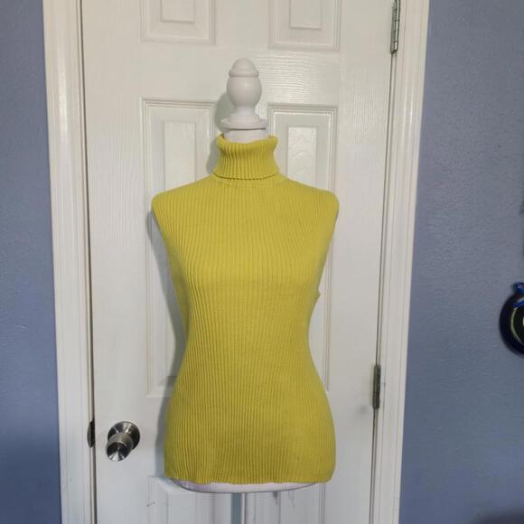 Vintage 90s Kenar Women 10 Yellow Sleeveless Turtleneck Sweater Pullover Stretch - Picture 1 of 7
